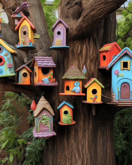 A backyard with a large tree with a rough, textured bark trunk adorned with multiple colorful birdhouses - featured image.