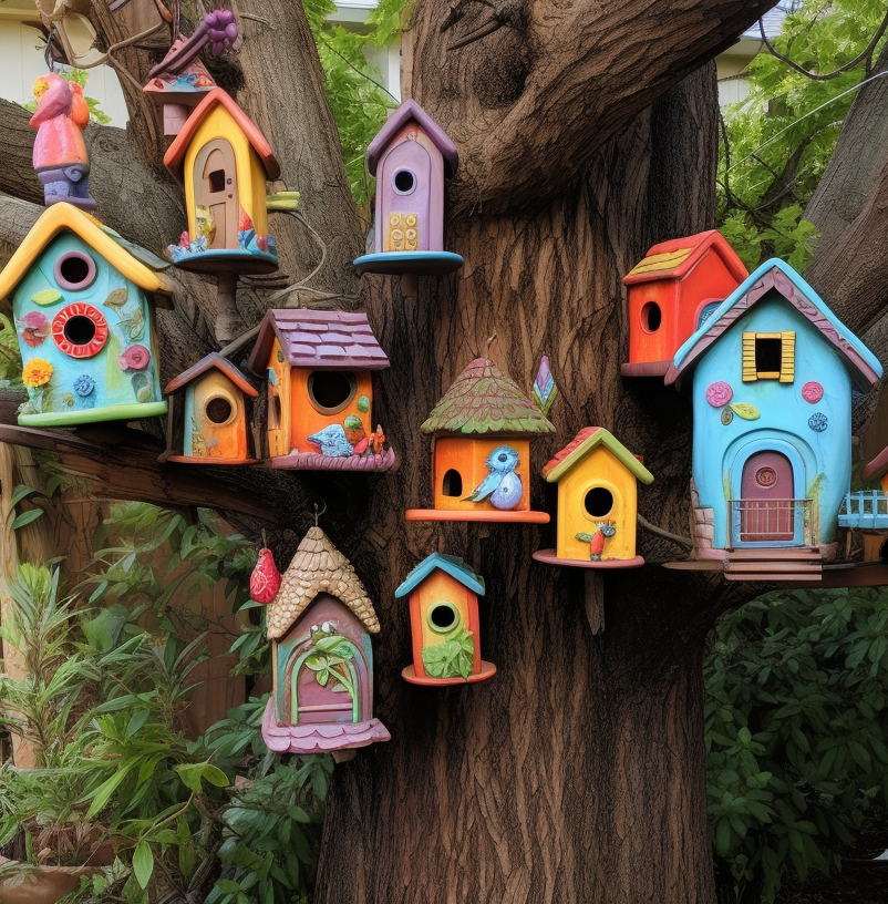 A backyard with a large tree with a rough, textured bark trunk adorned with multiple colorful birdhouses - featured image.