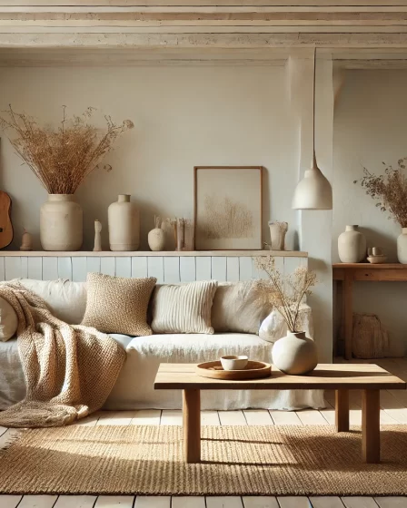 A beautifully styled minimalist farmhouse living room with a cozy yet uncluttered design.