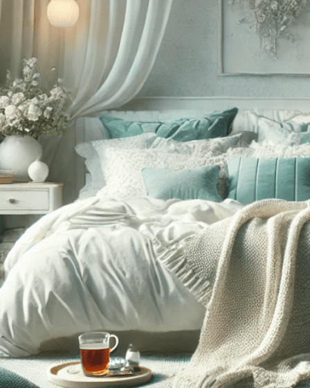 A cozy bedroom retreat with a soft color palette of white, green, and sky blue featured image