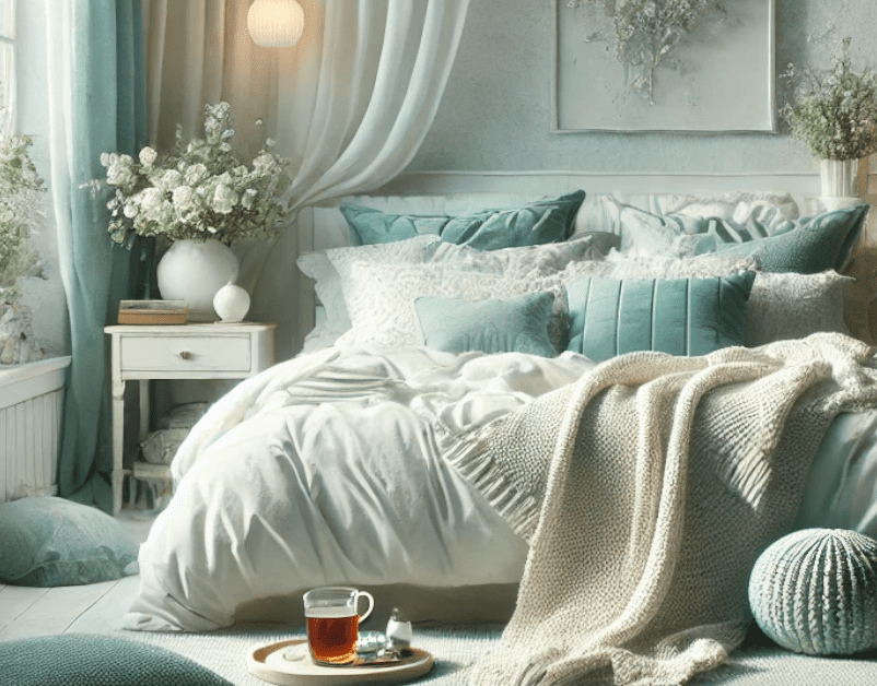 A cozy bedroom retreat with a soft color palette of white, green, and sky blue featured image