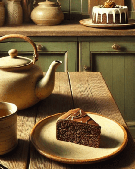 A cozy rustic kitchen in mustard yellow and green color where a simple wooden table holds a charming teapot, a folded tea towel, and a slice of cake featured image.