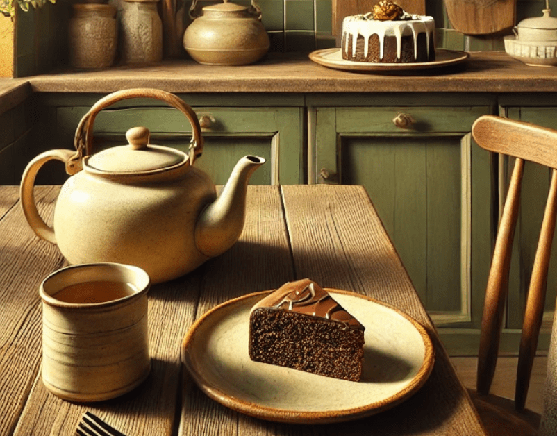 A cozy rustic kitchen in mustard yellow and green color where a simple wooden table holds a charming teapot, a folded tea towel, and a slice of cake featured image.