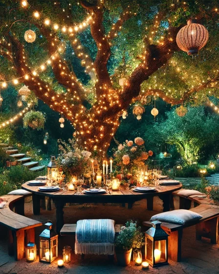 A magical outdoor dining setting at night, centered around a large tree adorned with warm string lights and hanging lanterns.