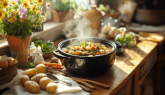 A rustic slow cooker on a wooden counter, surrounded by fresh spring ingredients including baby carrots, leeks, potatoes, and fragrant herbs