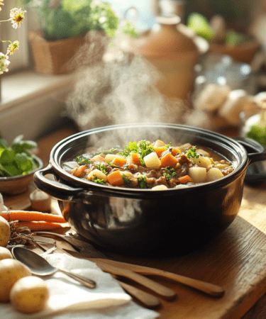 A rustic slow cooker on a wooden counter, surrounded by fresh spring ingredients including baby carrots, leeks, potatoes, and fragrant herbs