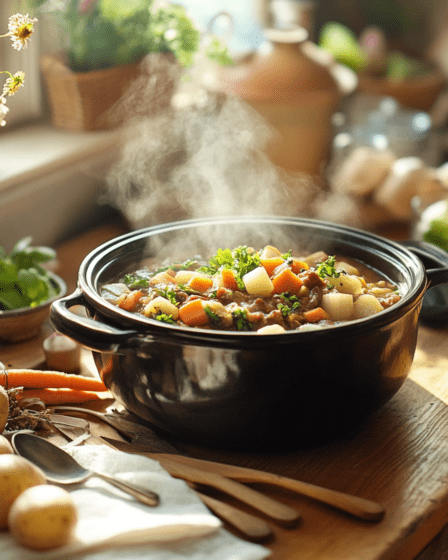 A rustic slow cooker on a wooden counter, surrounded by fresh spring ingredients including baby carrots, leeks, potatoes, and fragrant herbs