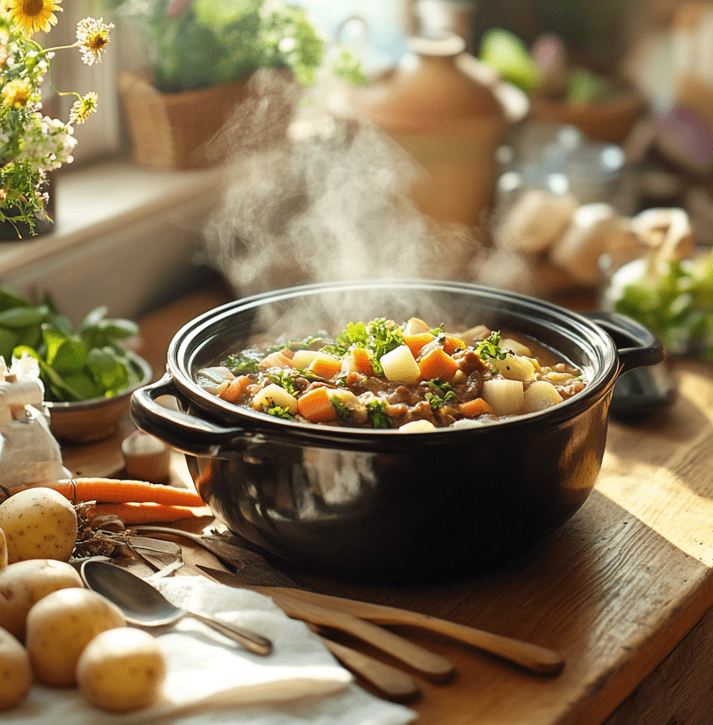 A rustic slow cooker on a wooden counter, surrounded by fresh spring ingredients including baby carrots, leeks, potatoes, and fragrant herbs