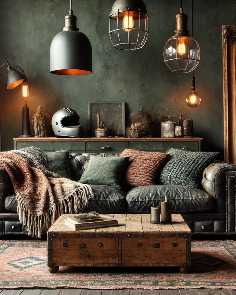 A stylish Moto Boho living room featuring a mix of moody and cozy elements - deep green or charcoal walls and a distressed leather sofa add to the mood.