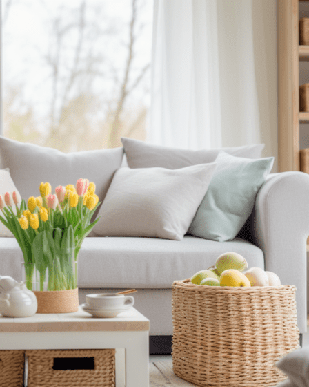 A beautifully organized cozy home interior with a fresh spring aesthetic
