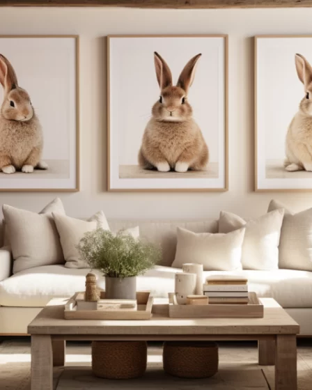 A beautifully styled cozy living space with charming framed art of three bunnies animal decor