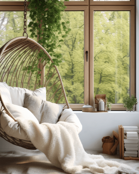 A beautifully styled reading nook bathed in soft light with greenery
