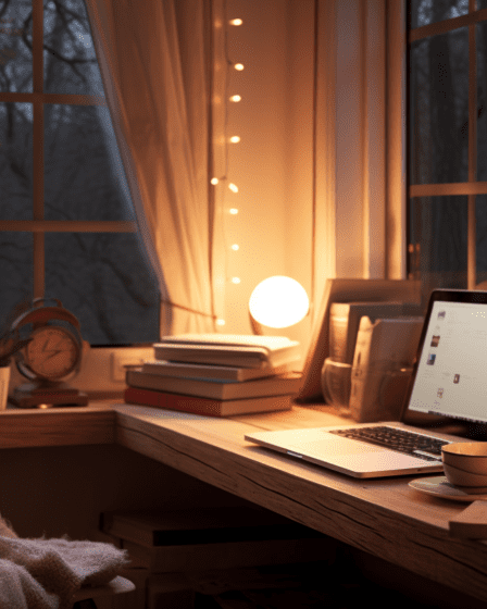 A cozy workspace filled with warm inviting enrgy and cozy touches.
