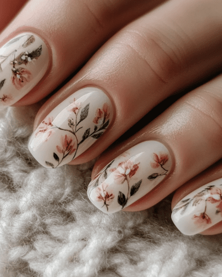 Beautifully manicured hands with cozy and cute spring nail designs hand inside sleeve of sweater