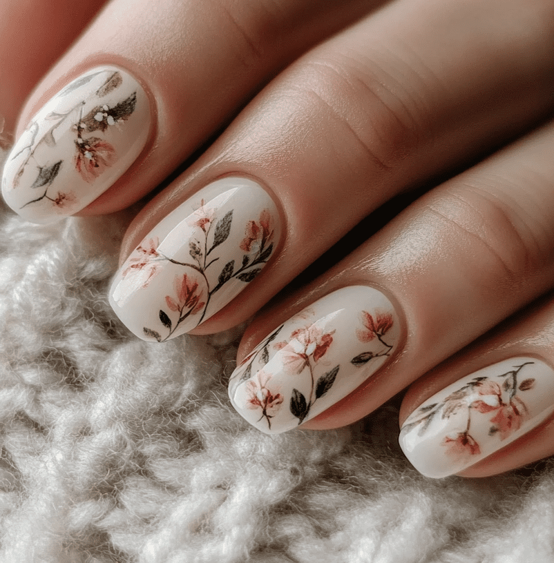 Beautifully manicured hands with cozy and cute spring nail designs hand inside sleeve of sweater