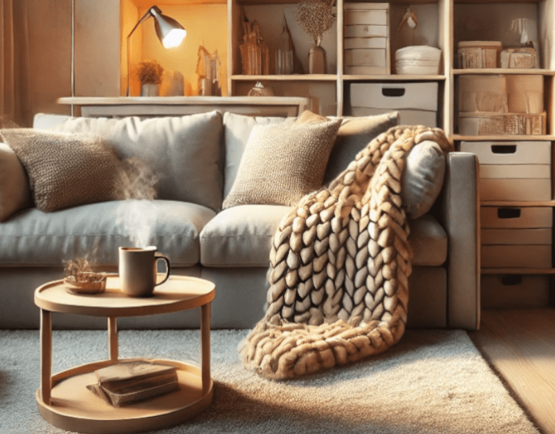 Cozy small apartment living space featuring smart organization, soft textures, and warm lighting featured image