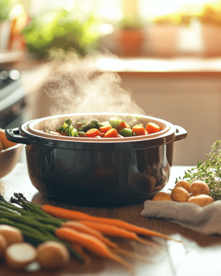 Kitchen scene with a slow cooker on a rustic wooden counter, surrounded by fresh spring vegetables like asparagus, carrots, and baby potatoes