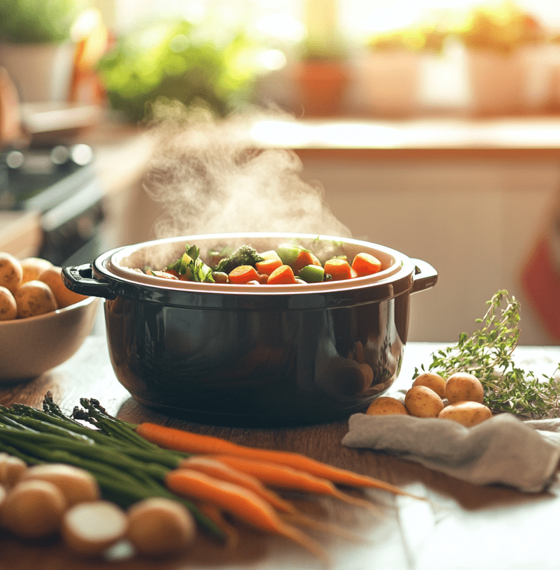 Kitchen scene with a slow cooker on a rustic wooden counter, surrounded by fresh spring vegetables like asparagus, carrots, and baby potatoes