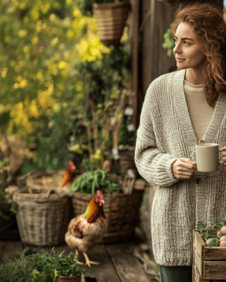 Cozy Lived-In Homesteading Scene Small Porch Woman In Soft Cardigan With Mug Surrounded By Potted Herbs Wooden Crate Of Produce