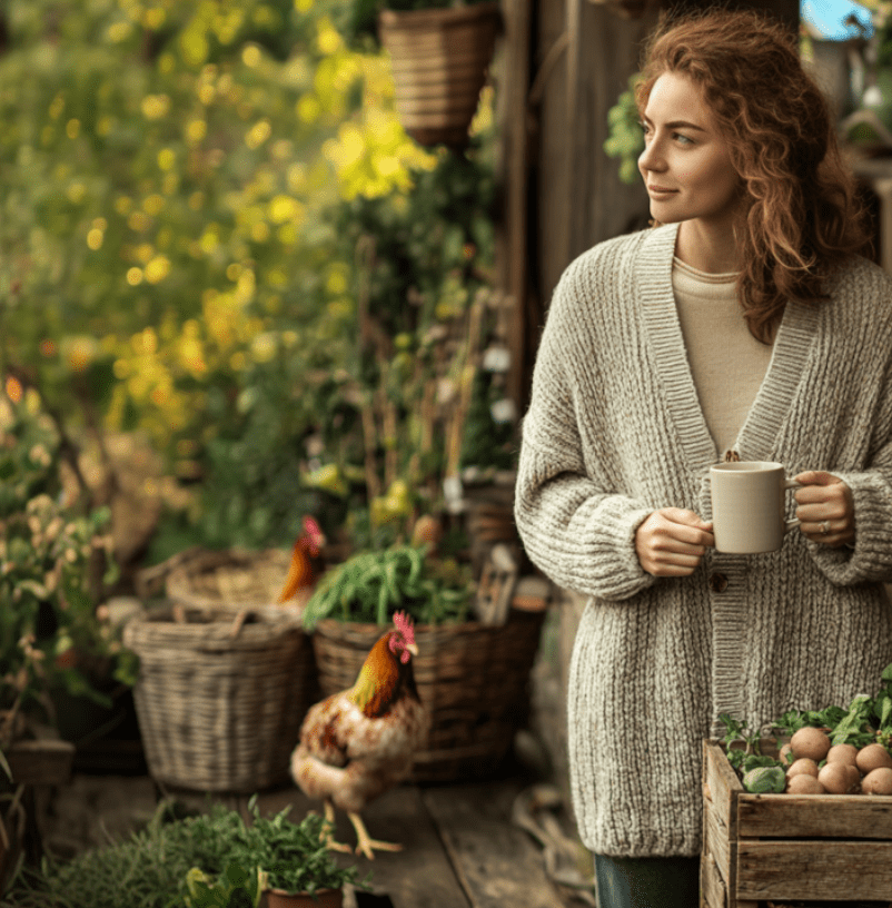 Cozy Lived-In Homesteading Scene Small Porch Woman In Soft Cardigan With Mug Surrounded By Potted Herbs Wooden Crate Of Produce