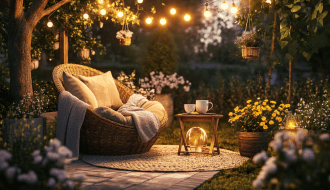 Cozy Outdoor Garden Nook Small Backyard Cushioned Rattan Chair String Lights Woven Rug Potted Plants Cottagecore Aesthetic