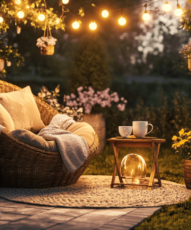 Cozy Outdoor Garden Nook Small Backyard Cushioned Rattan Chair String Lights Woven Rug Potted Plants Cottagecore Aesthetic