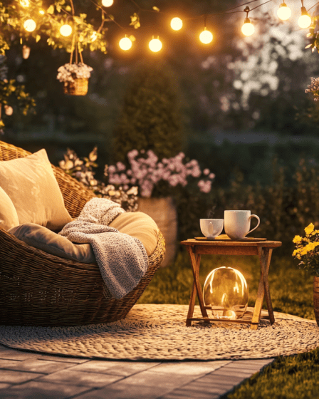 Cozy Outdoor Garden Nook Small Backyard Cushioned Rattan Chair String Lights Woven Rug Potted Plants Cottagecore Aesthetic