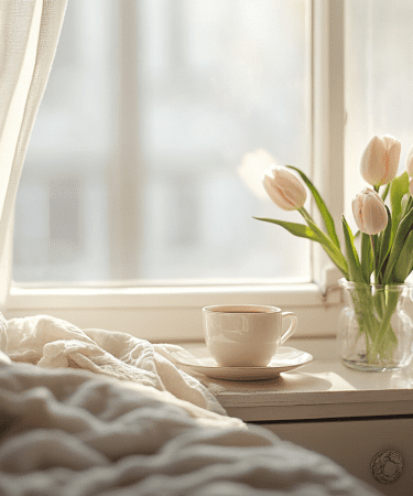 Cozy Spring Morning Soft Sunlight Through Curtains Cup Of Tea And Tulips In Vase On Dresser Beside Bed Peaceful And Airy Scene