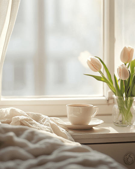 Cozy Spring Morning Soft Sunlight Through Curtains Cup Of Tea And Tulips In Vase On Dresser Beside Bed Peaceful And Airy Scene