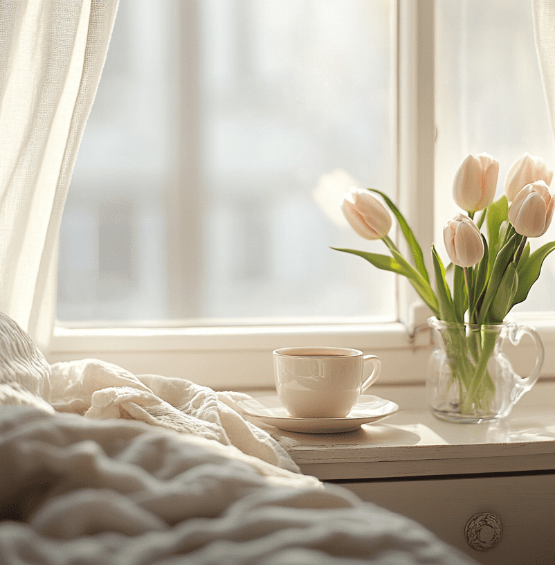 Cozy Spring Morning Soft Sunlight Through Curtains Cup Of Tea And Tulips In Vase On Dresser Beside Bed Peaceful And Airy Scene