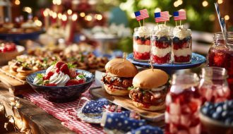 Festive Summer Picnic Table With 4th Of July Food Grilled Hot Dogs BBQ Chicken Burgers Fruit Skewers Flag Cake Berry Lemonade Checked Table Cloth