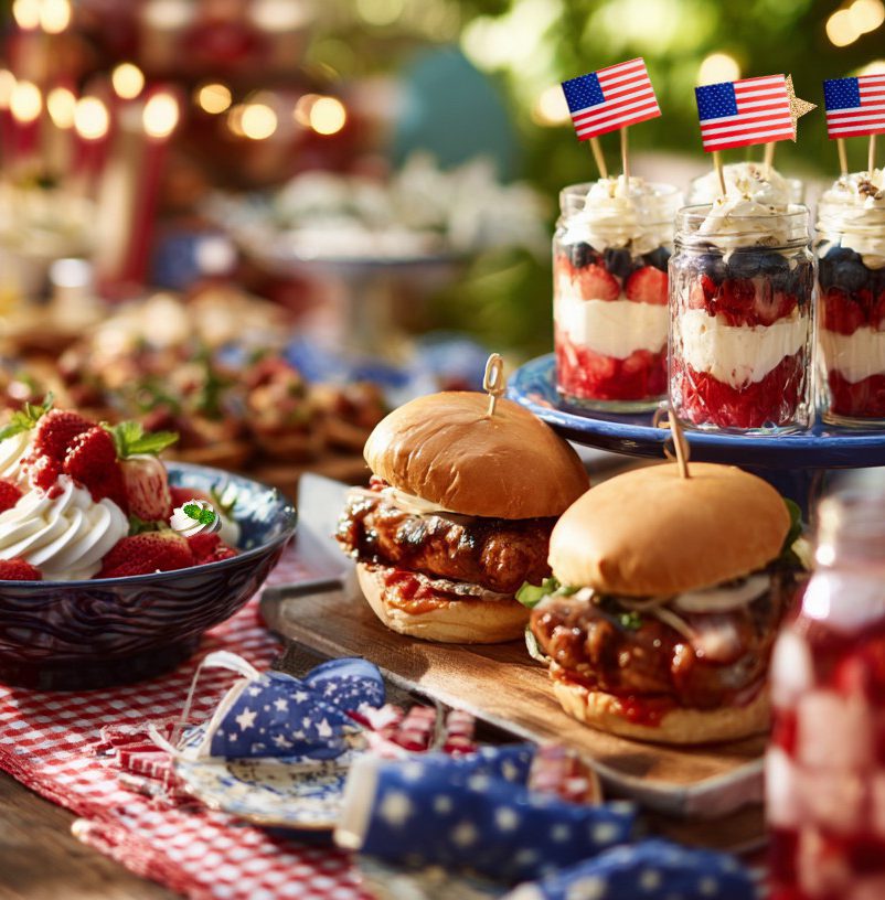 Festive Summer Picnic Table With 4th Of July Food Grilled Hot Dogs BBQ Chicken Burgers Fruit Skewers Flag Cake Berry Lemonade Checked Table Cloth