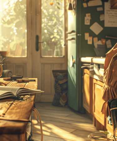 Cozy School Morning Kitchen Scene Warm Golden Sunlight Steaming Mug On Wooden Table Open Planner Small Backpack Natural Textures Peaceful Grounded Nurturing Comforting