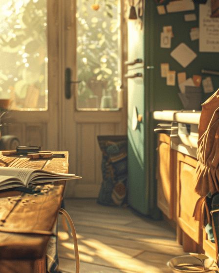 Cozy School Morning Kitchen Scene Warm Golden Sunlight Steaming Mug On Wooden Table Open Planner Small Backpack Natural Textures Peaceful Grounded Nurturing Comforting