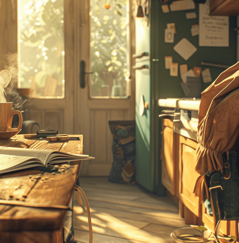 Cozy School Morning Kitchen Scene Warm Golden Sunlight Steaming Mug On Wooden Table Open Planner Small Backpack Natural Textures Peaceful Grounded Nurturing Comforting